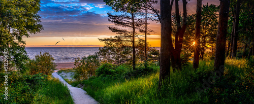 Panorama. Footpath leading to sand beach of the Baltic Sea in Jurmala – famous tourist resort in Latvia. Image depicts developing ecological tourism in Baltic region 