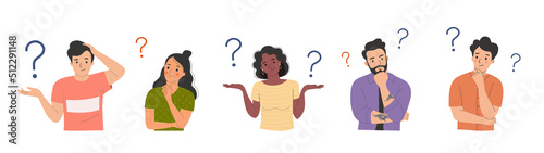 Different young women and men surrounded by a question mark. Flat style cartoon vector illustration.