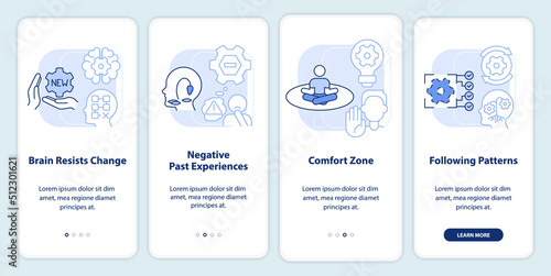 Why we resist change light blue onboarding mobile app screen. Walkthrough 4 steps editable graphic instructions with linear concepts. UI, UX, GUI template. Myriad Pro-Bold, Regular fonts used