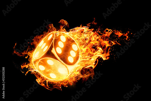 Casino concept, dice, dice on fire. Gambling addiction. 3D rendering, 3D illustration.