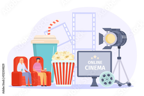 Online cinema concepts, watch movie with soda and popcorn at home