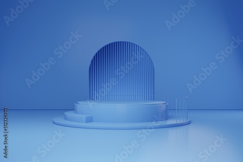 3D rendering podium scene blue background with geometric shapes, stand on floor