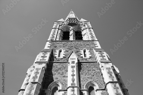 Christchurch, New Zealand - Cathedral Tower. Black and white vintage photo style.