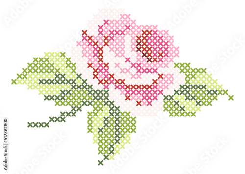 Cross stitch pink rose. Flower with leafs. White background.