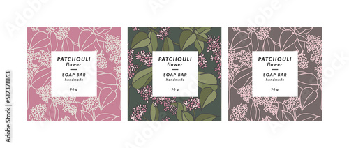 Vector set seamless patterns for cosmetics with template design labels. Backgrounds with patchouli flowers for handmade soap.