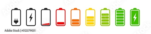 Set of vertical battery level indicators in percentage vector. Battery indicator symbols. 0-100 percent.