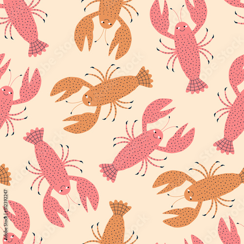Funny colorful lobsters hand drawn vector illustration. Cute crayfish in flat style seamless pattern for kids fabric or wallpaper.