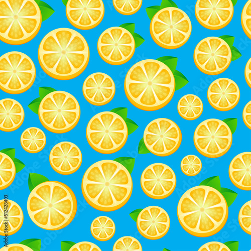 Seamless pattern with lemons-vector illustration. Slices of lemon on a blue, turquoise background. Seamless fruit background for banners, printing on fabric, labels, printing on T-shirts.
