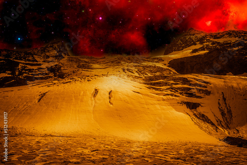 Alien golden landscape, with surface of another planet with ice and sky full of stars. Photo montage of mountains that recreates an alien landscape of an extraterrestrial planet