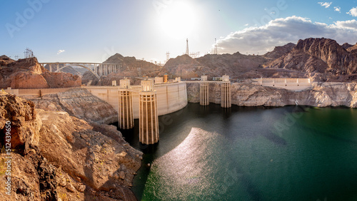 Panoramic view of Hoover Dam, summer drought
