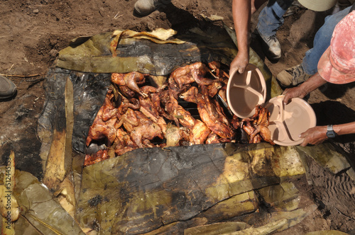 pollos y conejos horneados en barbacoa puestos en pozo cubiertos con penca de maguey valle del mezquital hidalgo México 