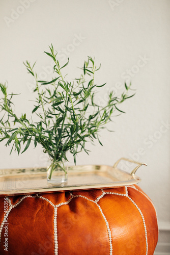 Tarragon herb in vase on tray, moroccan pouf hassock