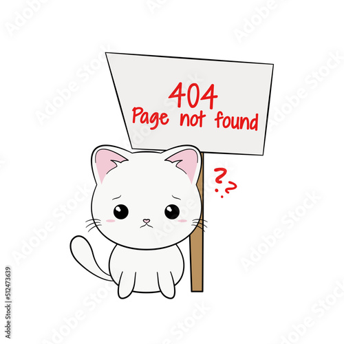 Błąd 404 - strona nie znaleziona. Smutny, zmartwiony biały kot i baner z napisem. Ilustracja z informacją "404 Page not found".
