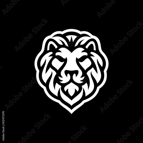 Lion head line art logo design. Lion head, mane vector illustration on dark background