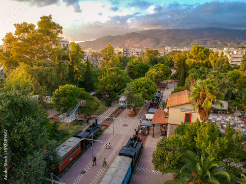 Aerial view of Kalamata Municipal Railway Park. The only open air museum of its kind in Greece and popular among all railway friends worldwide, in Kalamata, Peloponnese, Greece