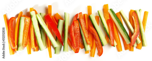 Vegetable Sticks as Carrot, Cucumber, Pepper - Crudites Snacks isolated on white Background