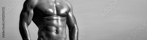 Banner templates with muscular man, muscular torso, six pack abs muscle. Black and white. Muscle body of strong man.