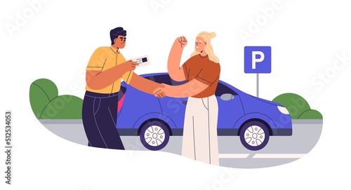 Woman receiving driver license. Happy excited person getting driving ID card, permit document from car instructor in auto school. Flat vector illustration isolated on white background