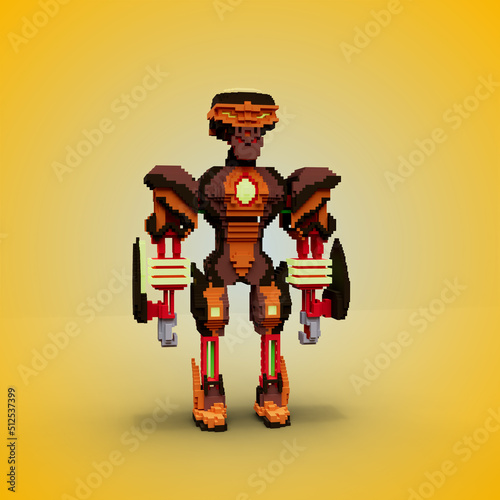 3D rendering of a war robot using a brown, red and yelow color scheme. With a blue background. Perfect for game vox character reference. Simple 3D modeling.