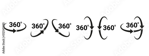 360 degrees arrow, rotate around set icon. Circle signs vertical, horizontal and diagonal view with arrows rotation to 360 degrees. Virtual reality. Rotate cycle, circular moving symbol. Vector