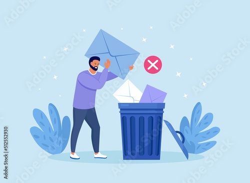 Tiny man deleting data and move unnecessary files to trash bin. Cleaning digital memory, cleaning e-mail, remove spam. Guy holding envelope with letter or message. User deleting email to waste bin