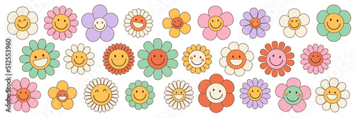 Groovy flower cartoon characters. Funny happy daisy with eyes and smile. Sticker pack in trendy retro trippy style. Isolated vector illustration. Hippie 60s, 70s style.