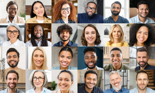 Virtual conference, webinar, online meeting video screen. Group of diverse employee, colleagues using app for video communication, virtual conference, looking at the camera. Collage of diverse people