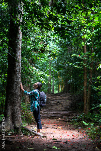 Woman with backpack exploring the beautiful rain forest on Sub madue Petchabun Thailand. Travel and ecotourism concept