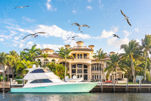 Luxury Waterfront Mansion in Fort Lauderdale Florida with flying seagulls