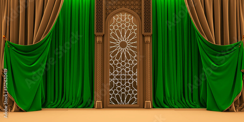 moroccan arc door with green and golden curtains on the side and arabesque style, islamic vip concept, ramadan, eid mubarak, green and gold curtains, 3D render