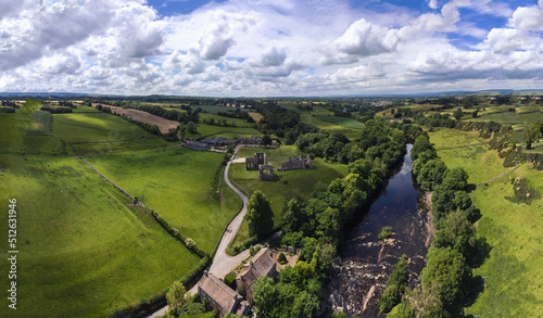 An aerial view of the ruins of Egglestone Abbey near Barnard Castle in County Durham, UK