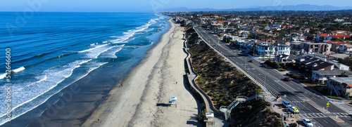 A Panoramic Drone UAV view of the Carlsbad State Beach, California, on a Beautiful Day