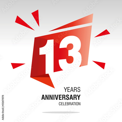 13 Years Anniversary celebration modern origami speech logo icon red white vector