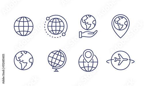 World globe line icon. Vector Earth global country map planet line icon. Travel internet globe set