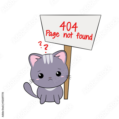Błąd 404 - strona nie znaleziona. Smutny, zmartwiony kot i baner z napisem. Ilustracja z informacją "404 Page not found".