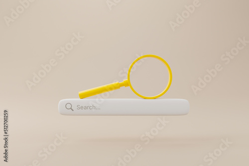 Search bar and magnifying glass on background. Searching information data on internet networking concept. 3d rendering illustration