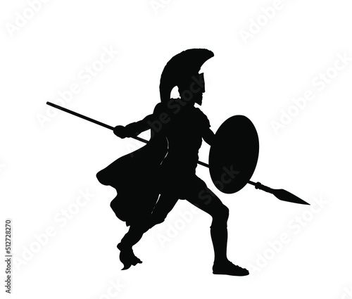 Greek hero ancient soldier Achilles with spear and shield in battle vector silhouette illustration isolated on white background. Roman legionary, brave warrior in combat. Gladiator symbol shadow.