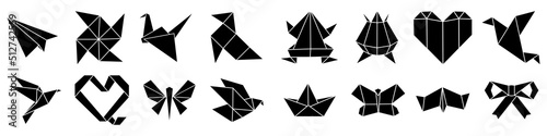 Origami vector icon set. Paper crane, frog, bird illustration sign collection. japan symbol.