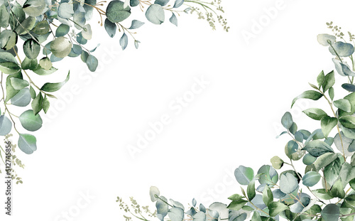 Eucalyptus leaves border. Watercolor illustration isolated on white. Greenery clipart for wedding invitation, greeting cards, save the date, stationery design. Hand drawn green herbs