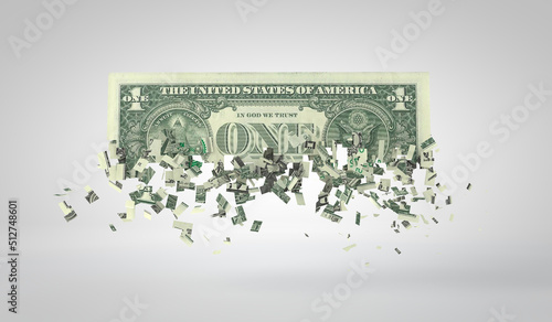 One dollar bill breaking into pieces. Inflation and recession concept. 3D Rendering