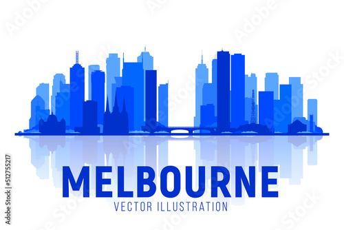 Melbourne Australia skyline silhouette vector illustration. White background with city panorama. Travel picture. Image for Presentation Banner Placard and Web Site.