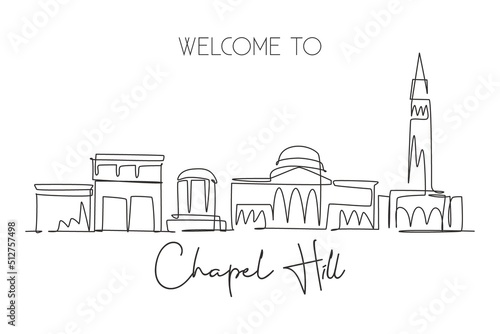 Single continuous line drawing of Chapel Hill city skyline, North Carolina. Famous city for wall decor print. World travel concept. Editable stroke modern one line draw design vector illustration