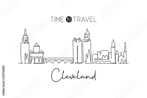 One single line drawing of Cleveland city skyline, Ohio. Historical town landscape in world. Best holiday destination wall decor. Editable stroke trendy continuous line draw design vector illustration