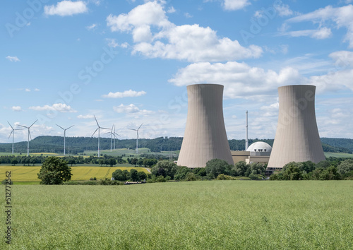 Green landscape and nuclear power plant