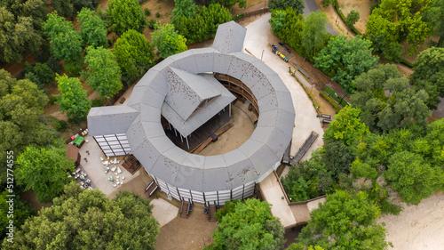 Aerial view of the Globe Theater, a Shakespearean theater in Rome, Italy, faithful replica of the Globe Theater in London, the most famous theater of the Elizabethan period.