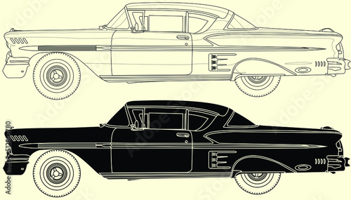 1958 Impala,Vector classic car illustration coloring book page for adult drawing. Paper, outlines vehicle. Graphic element. Wheel. Black contour sketch.