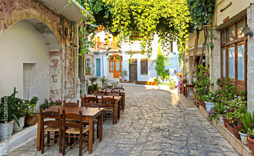 Empty small taverna in village Panormos at Crete island, Greece