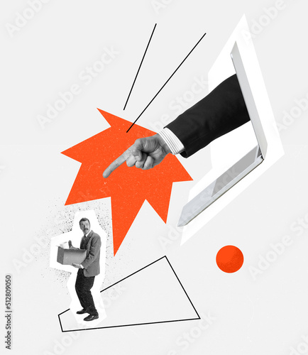 Contemporary art collage. Conceptual image. Businessman's hand sticking out laptop screen, pointing with finger at employee and firing him