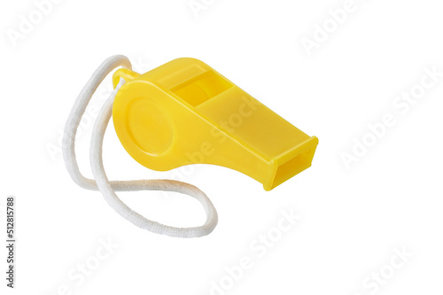 Yellow whistle and white rope Isolated on White