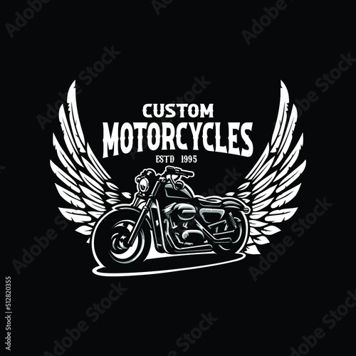Custom motorcycles grunge emblem logo design vector on black background. Best for automotive tshirt design